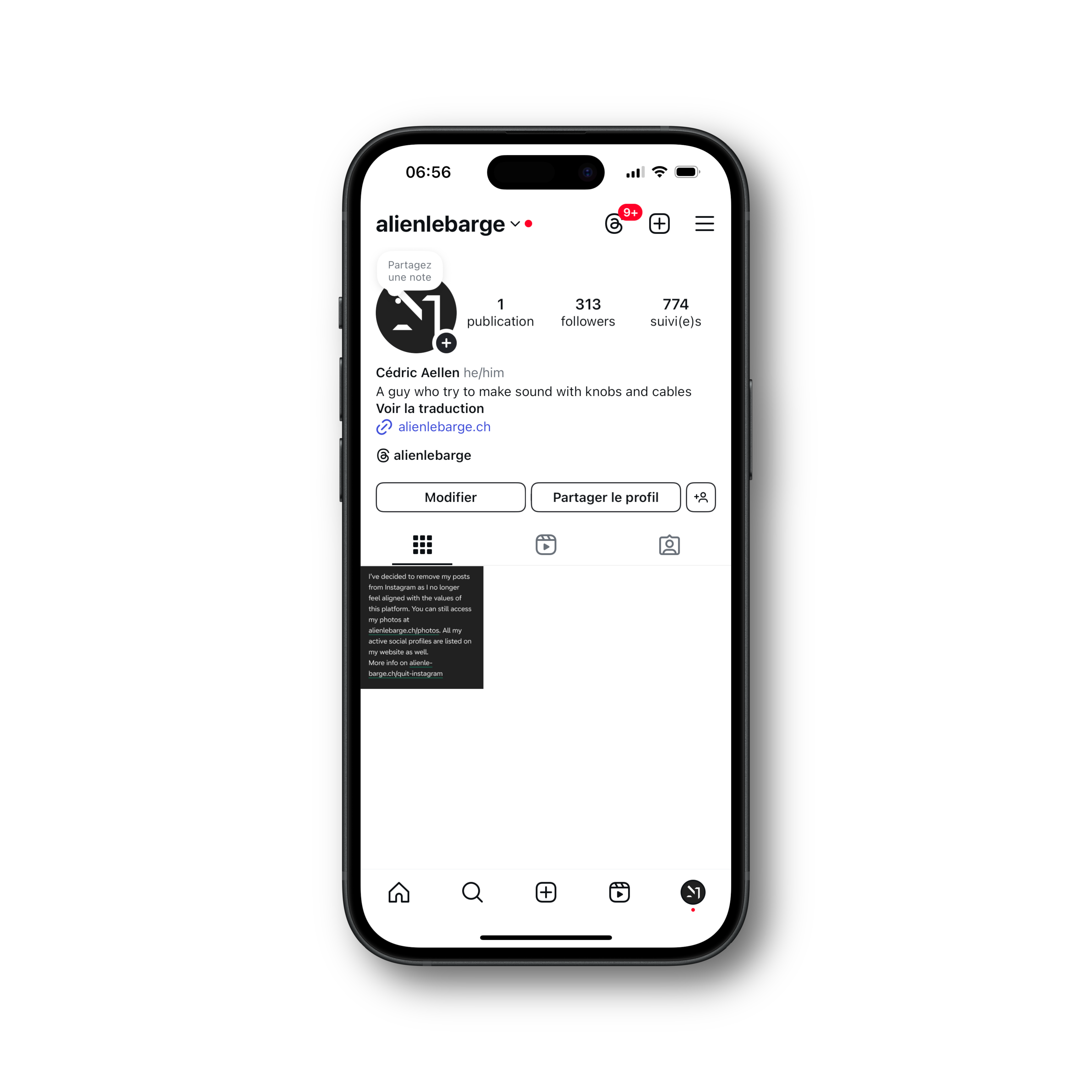 A screenshot of my iPhone with Instagram open on my profile. All the photos have been deleted except for my message saying that I’m leaving the platform