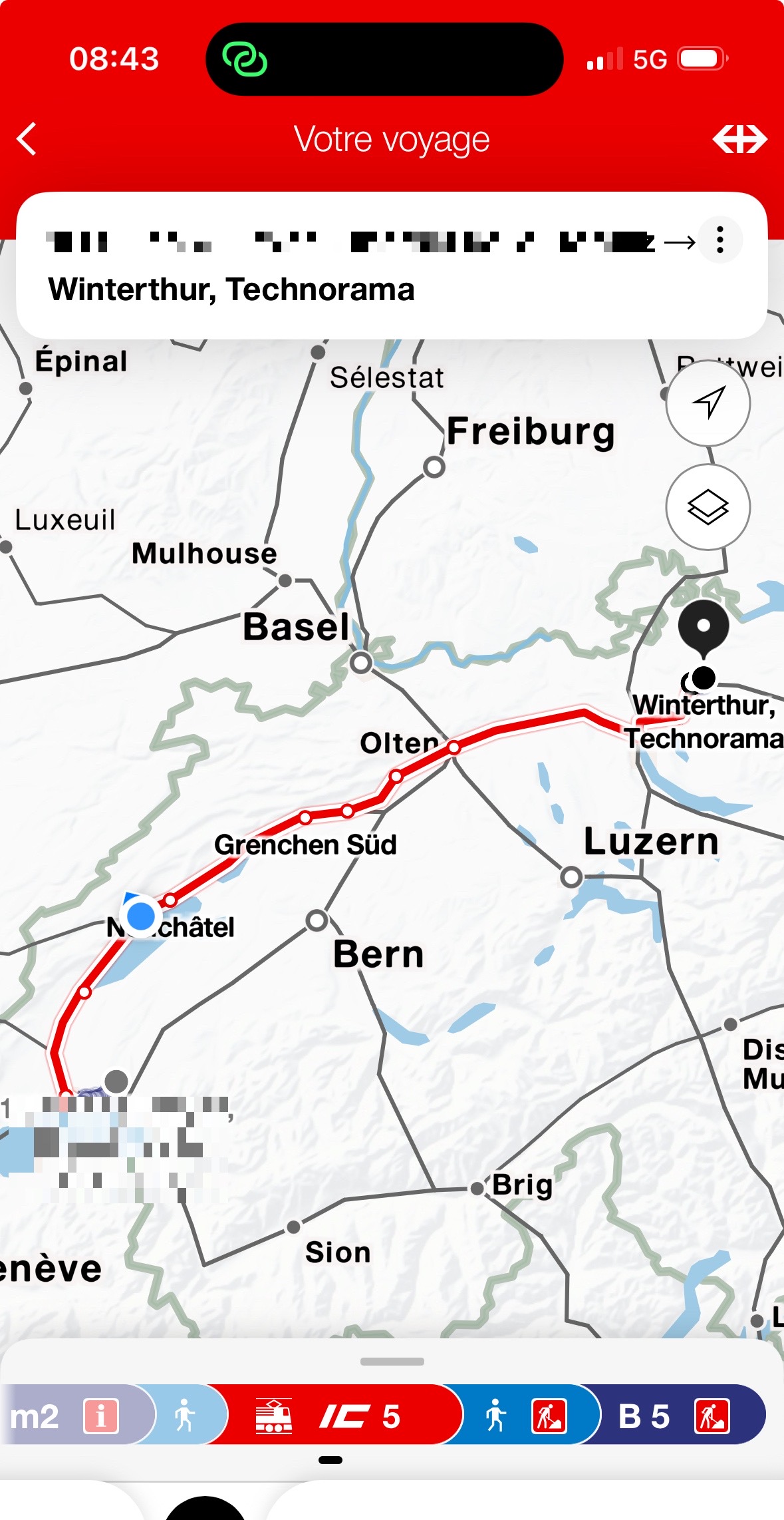 Screenshot of the SBB app showing the map of Switzerland with our route via Lausanne, Biel, Zurich, and Winterthur